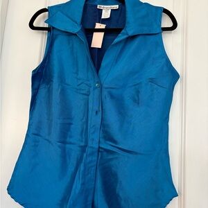 NEW dressbarn Solid Blue Collared Sleeveless Button-Up Size Small Polyester Top